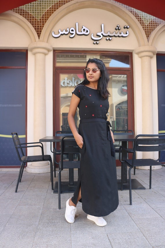 green emerald velvet dress Black Cotton Linen Embroidered Knee-Length Godet Dress 40
