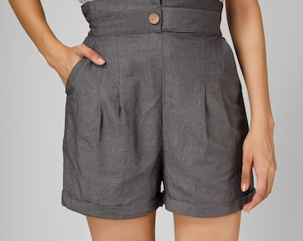 Pantalones cortos de lino gris oscuro de cintura alta para mujer, hechos a medida, hechos a pedido, talla grande