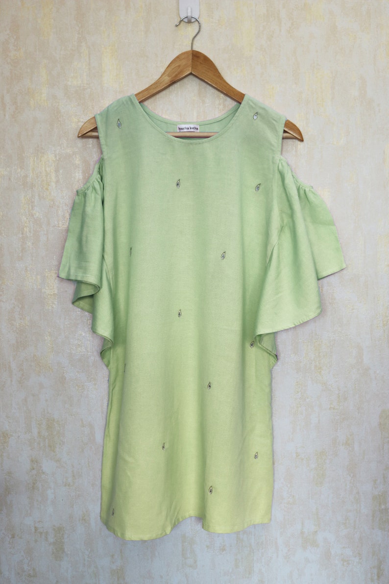 Mint green linen dress, Shift dress for women, Frill dress, Made to order, Custom made, Plus size image 3