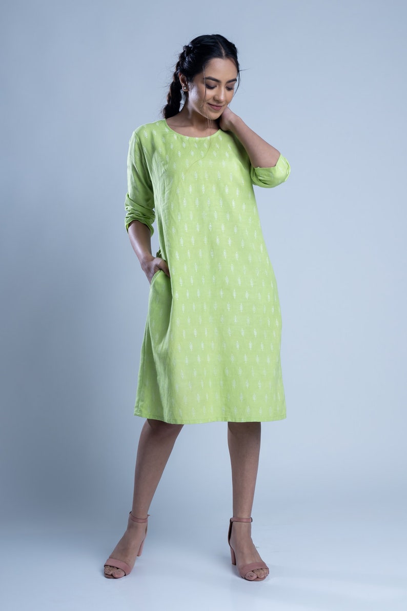 Lime Block Print Shift Dress, Linen shift dress, Hand block print dress, Linen tunic dress, Made to order, Custom made, Plus size image 2