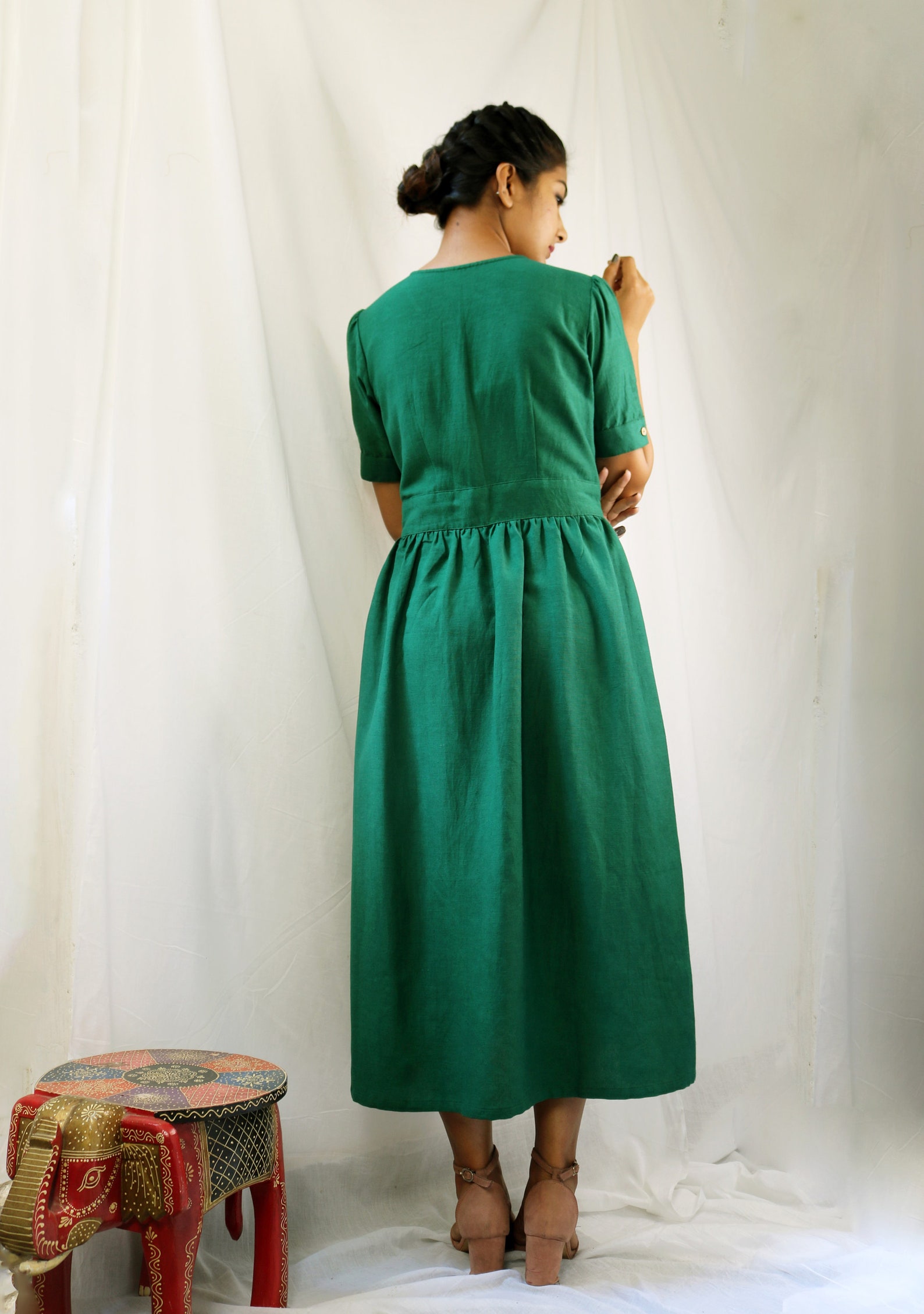 Green Linen Maxi Dress Button Down Dress Custom Made Made Etsy