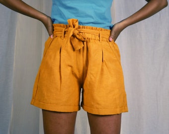 Mustard paperbag linen shorts for women, Custom made, Made to order, Plus size