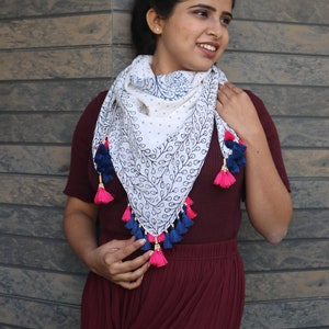 Block printed cotton scarf, Boho scarf, Print wrap, Square scarf, Tassel scarf, Indian print scarf, Indian print wrap image 1
