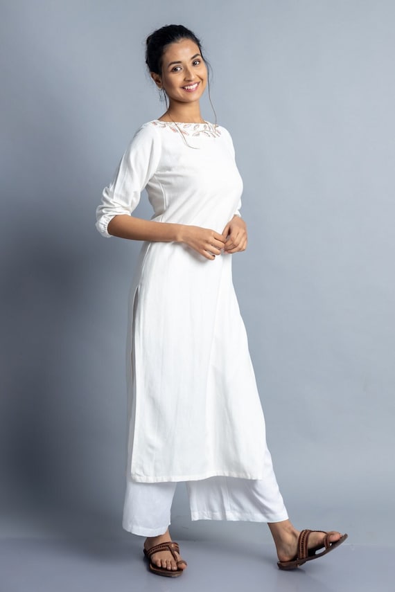 White Embroidered Indian Kurti, Linen Maxi Top, Shift Tunic, Plus Size,  Custom Made, Made to Order -  Canada
