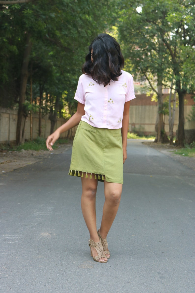 Pickle Green Mini skirt for women, linen skirt, Tassel skirt, Made to order, Custom made, Plus size image 1