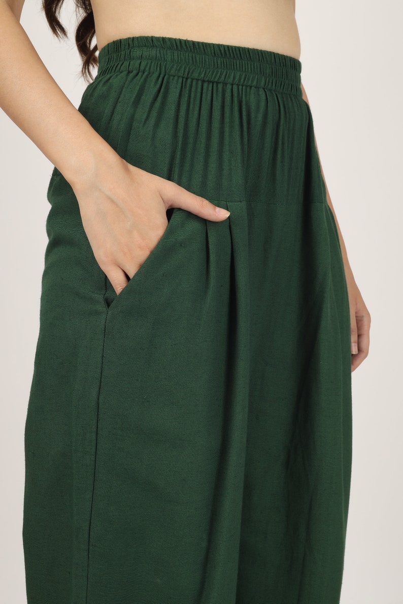 Unisex Dark Green baggy pants for women and men, Custom made linen pant, Bohemian pants, Made to order, Plus size image 3