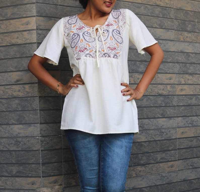 Off white linen topLinen loose topBlock print top Boho linen topLinen blousemade to order custom made