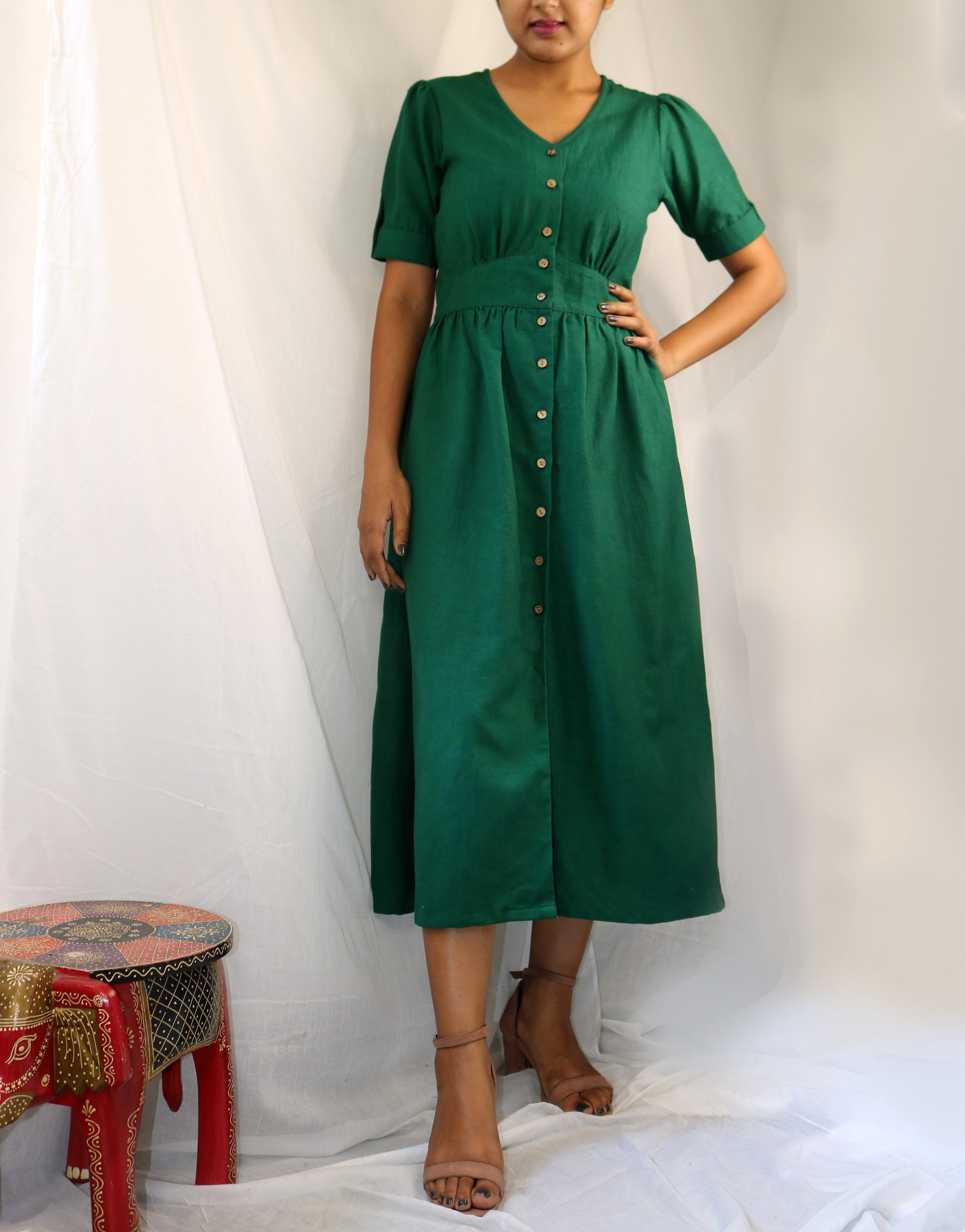Dark Green linen maxi dress, Button down dress, Custom made, Made to order, Plus size