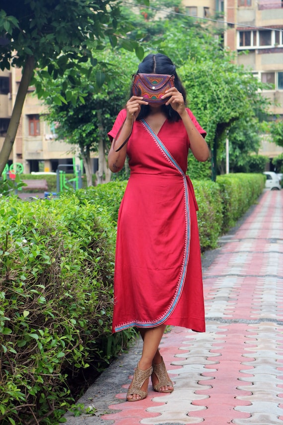strapless open back dress Explore Linen Midi Dress for Women Indian Red Online main image 1
