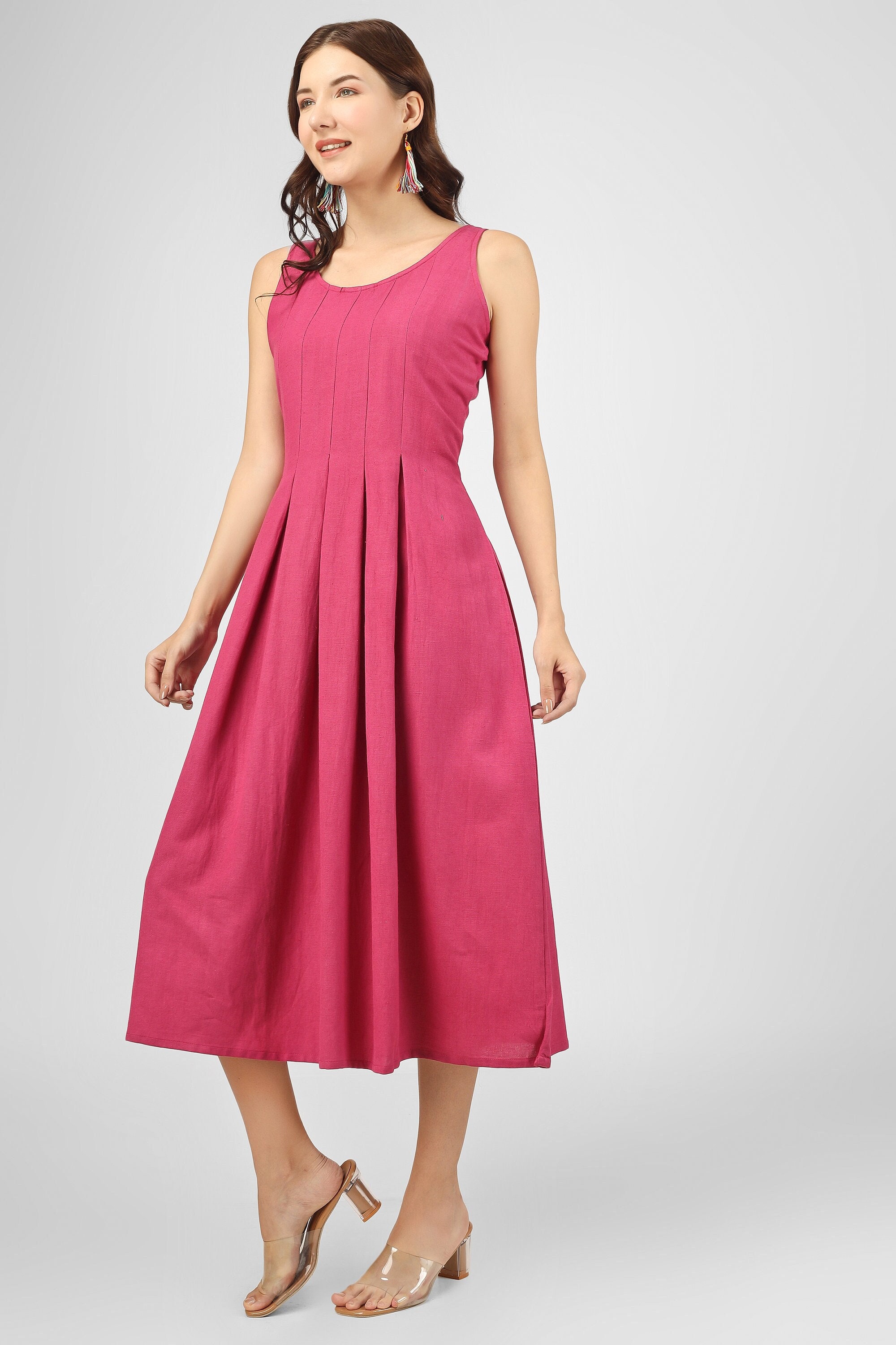 Magenta maxi dress for women, Plus size dress, Linen pleated dress, Made to order, Custom made, Plus size