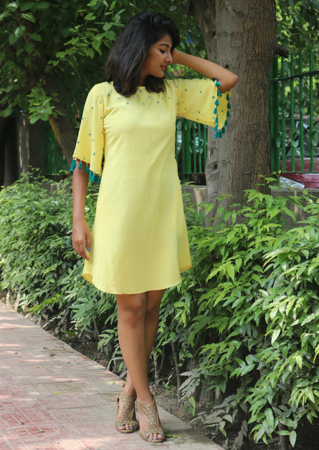 Linen Dress for Women, Yellow Linen Dress, Tassel Dress, Linen Shift — free download