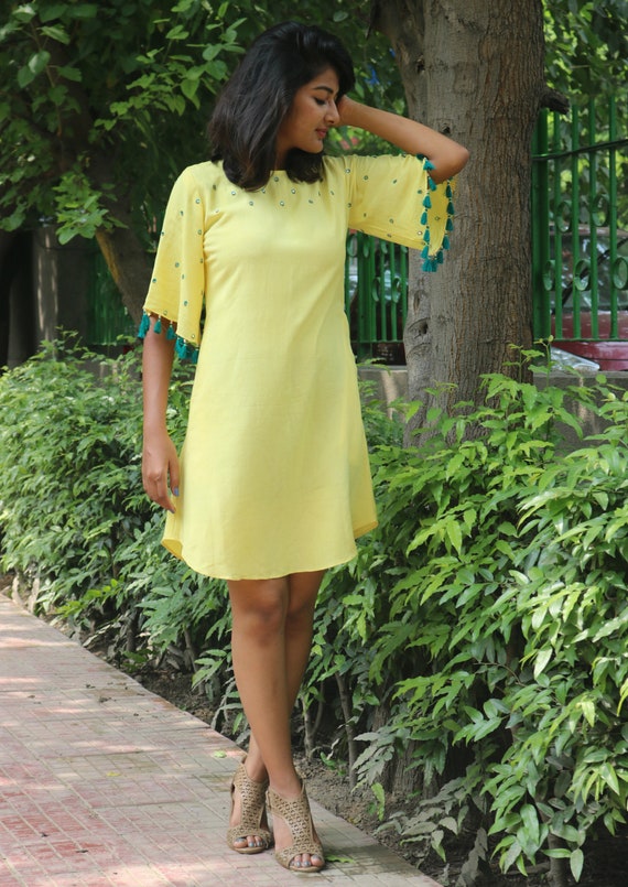 Shift tassel dress for women/Yellow linen dress/ Linen shift | Etsy