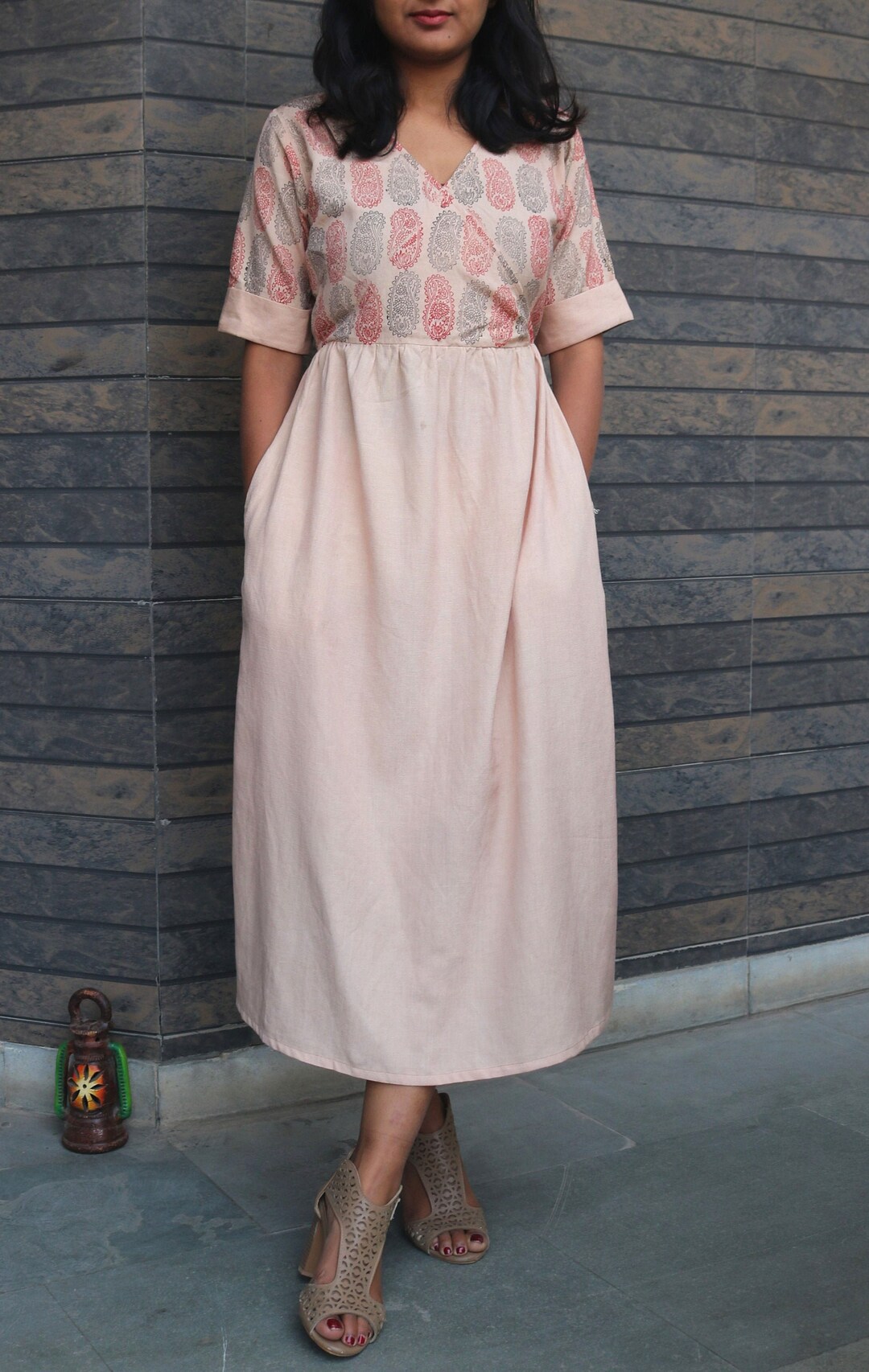 Maxi Dress for Women, Linen Maxi Dress, Block Print Dress, Beige Linen Dress, Plus size, Made to Order, Custom Made