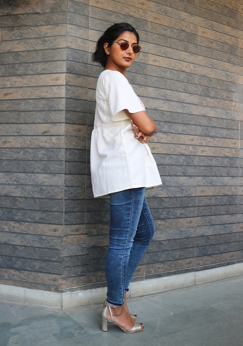 Off white linen topLinen loose topBlock print top Boho linen topLinen blousemade to order custom made
