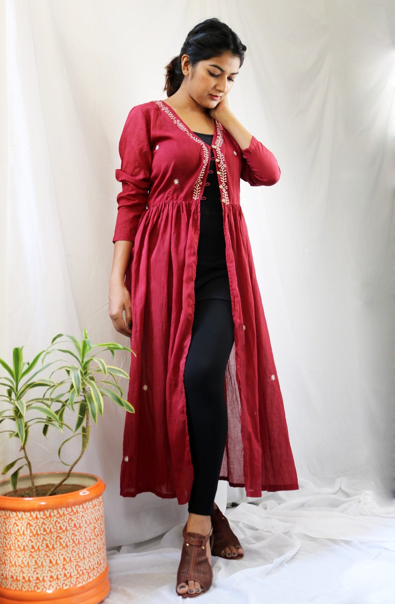 Maroon Mirror-Work Block Printed Soft Cotton Shrug, Plus Size, Made to Order, Custom Made image 2