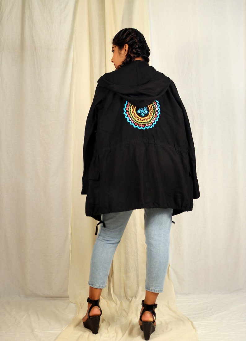 Women Black Embroidered Handmade Jacket, Utility Linen Jacket, Made to Order, Plus Size, Custom Made image 1