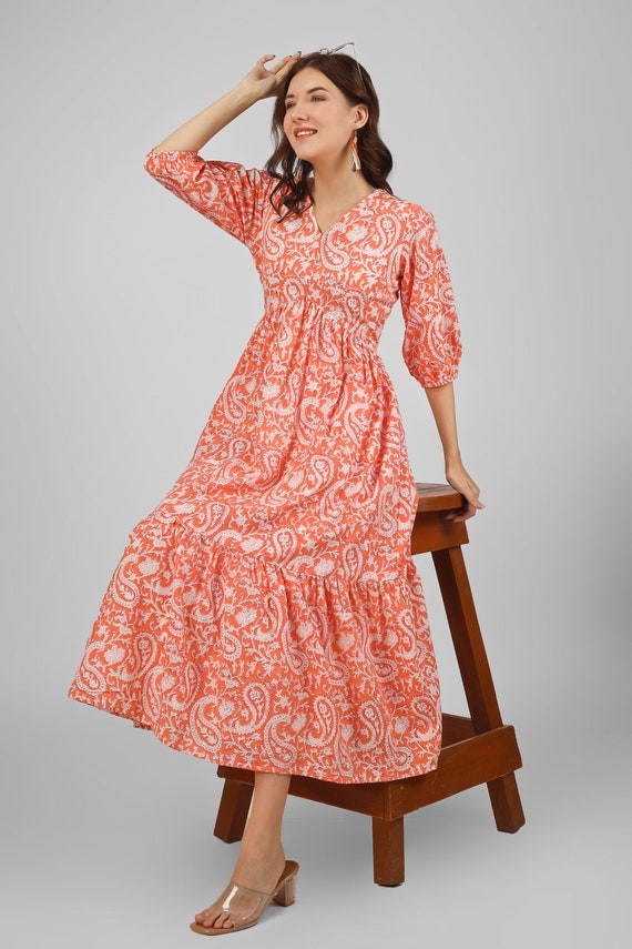 Women Orange Cotton Sundress block print, Maxi loose fit tent dress, Dress for women, Plus Size, Made to order, Custom Made