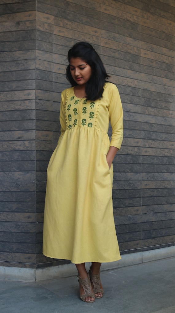 Lime Green Maxi dress for women, Linen Maxi dress, Block print dress, Plus size, made to order, custom made