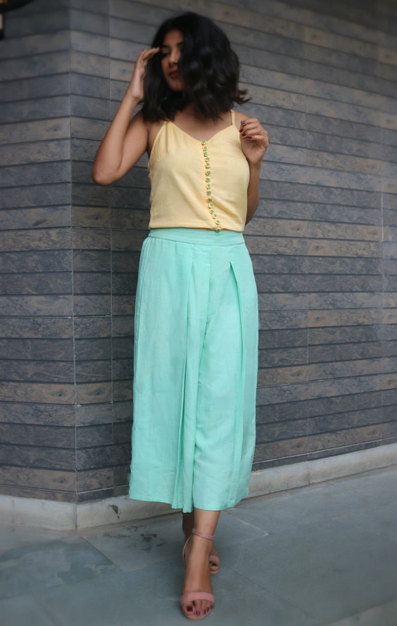 Yellow Linen Embroidered Tops For Women Round Neck Summer Lightweight Breathable Comfort main image 0