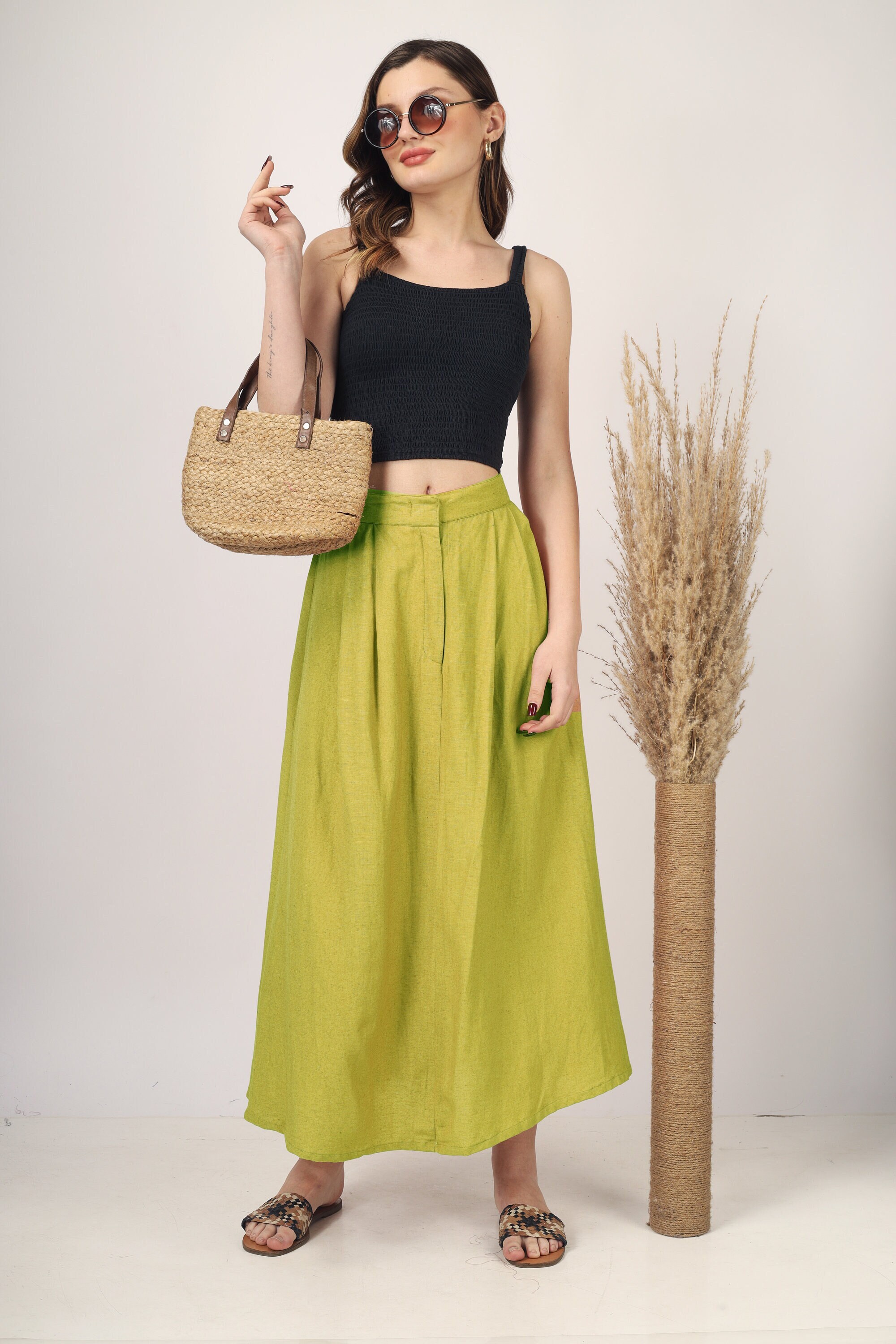 Apple Green Pleated Maxi Skirt for Women Skirt, Long Skirt, Custom