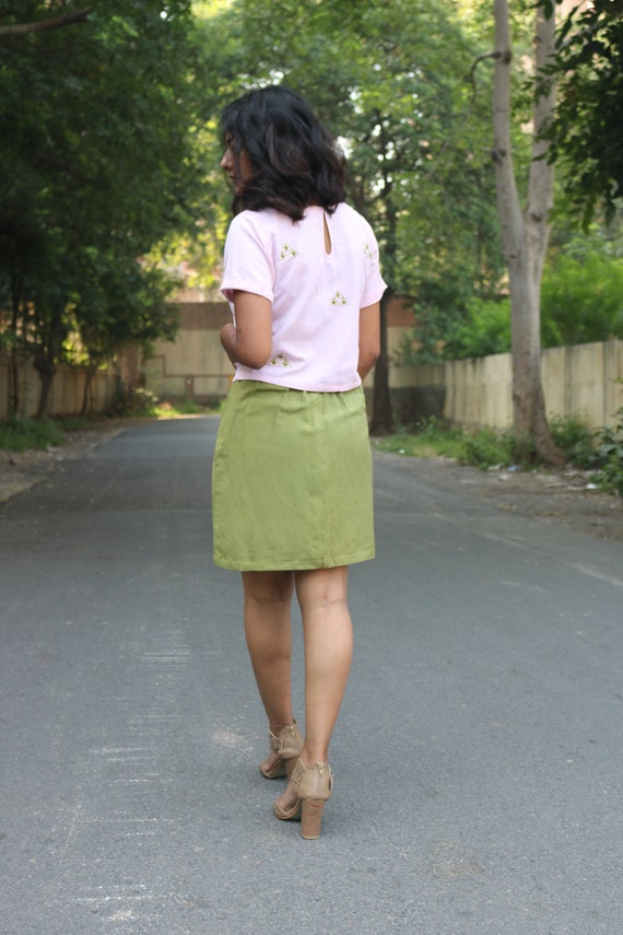 Pickle Green Mini Skirt for Women, Linen Skirt, Tassel Skirt
