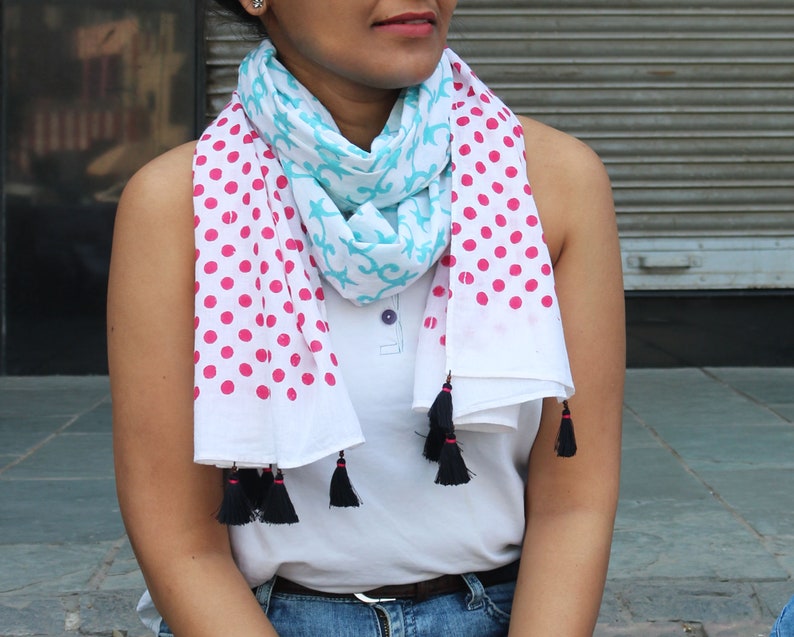 Block printed cotton scarf, Boho scarf, Print wrap, Long scarf, Tassel scarf, Indian print scarf, Indian print wrap image 2