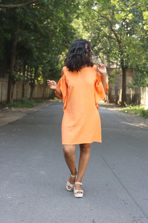 orange linen shift dress