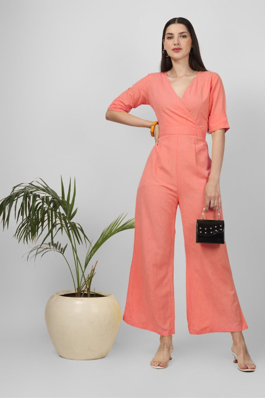 Peach Surplice Jumpsuit for Women, Linen Jumpsuit, Made to Order