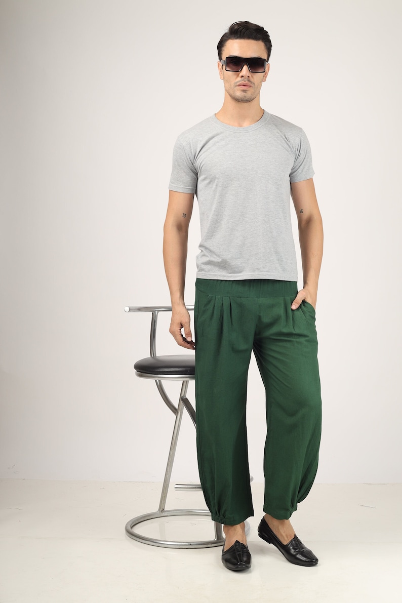Unisex Dark Green baggy pants for women and men, Custom made linen pant, Bohemian pants, Made to order, Plus size image 2