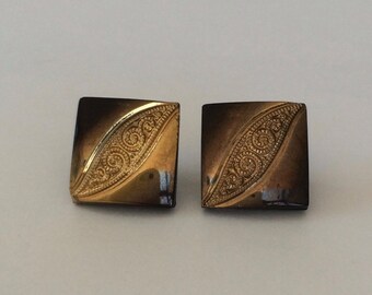 Vintage Czechoslovakian Buttons Black Glass Gold Paisley Square (13mm) (CBB.X10)