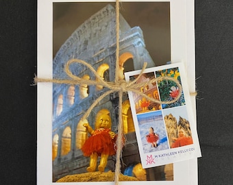 Curated set of 4 Kewpie Doll Travel-themed greeting cards, packaged with twine and a small card showing the images included in the set.