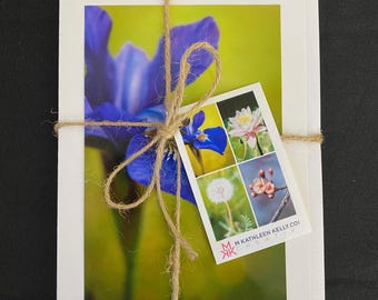 Curated set of 4 flower-themed greeting cards, packaged with twine and a small card showing the images included in the set.