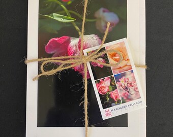Curated set of 4 flower-themed greeting cards, packaged with twine and a small card showing the images included in the set.