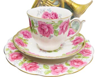 Made in England.Pretty Pink Roses Vintage Bell China Teacup Trio c1930s