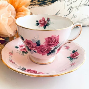 Pale Pink Colclough Tea Cup and Saucer with Pink Roses, Pattern 8241, Vintage Bone China