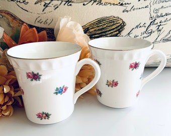 2 Crown Staffordshire Mugs with Pink Roses, Vintage Fine Bone China, Made in England