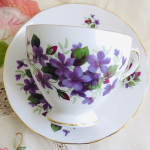 Queen Anne Purple Flowers Tea Cup and Saucer, Vintage Bone China