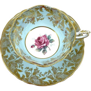 Vintage Paragon Double Warrant Tea Cup and Saucer, Gold Bell Flowers, Floating Pink Rose Centre