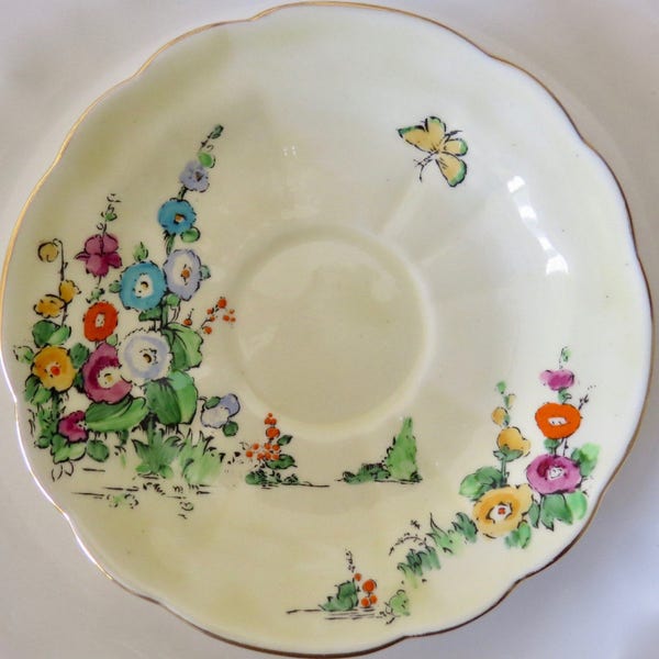 1920s Crown Staffordshire Orphan Art Deco Bone China Saucer Hollyhock Pattern Replacement Saucer Only No Teacup