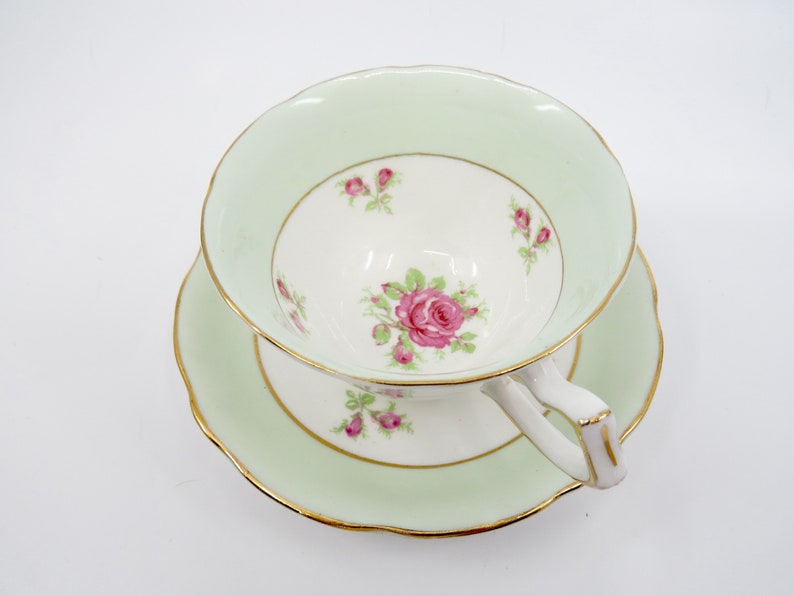 Gladstone Pale Green Tea Cup and Saucer with Pink Roses image 0
