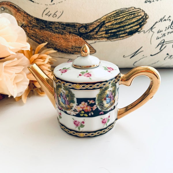 Adeline Fine Porcelains Miniature Decorative Teapot with Courting Couples and Pink Roses