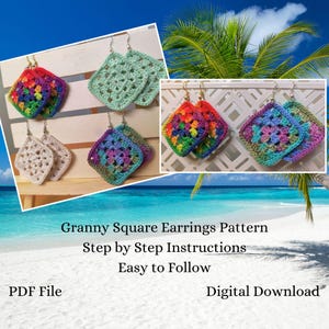 Puede incluir: Un archivo PDF de descarga digital para un patrón de pendientes Granny Square con instrucciones paso a paso. La imagen muestra varios pares de pendientes cuadrados de ganchillo en varios colores, incluyendo arcoíris, verde menta, crema y degradados morado-azul.