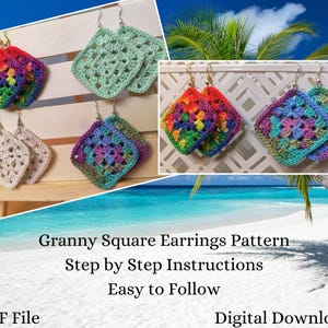 Crochet Grandma Square Ohrringe Muster ~ DIY ~ Digitale Datei ~ Anleitung für gehäkelte Ohrringe PDF - Einfach zu befolgen, Grossdruck! Süß!