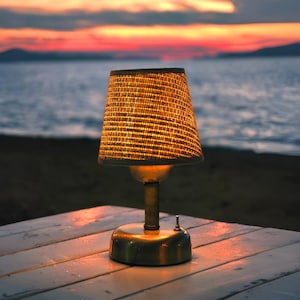 Polished Gold Led Table Lamp | Wireless Retro Lamp | Rechargeable Mini Desk Light | Rattan Shade Lamp | Cozy Lamp | Ambient Lighting
