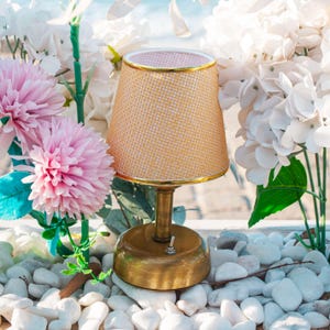 Polished Gold Retro Table Lamp | Vintage LED Desk Light | Cordless Mini Lamp | Cozy Restaurant Lamp | Woven Fabric & Gold Trim Shade