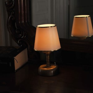 Distressed Gold Retro Chic Table Lamp | Vintage LED Table Lamp | Cozy Desk Light | Cordless Restaurant Lamp | Gold Trim Shade | Cozy Lamp