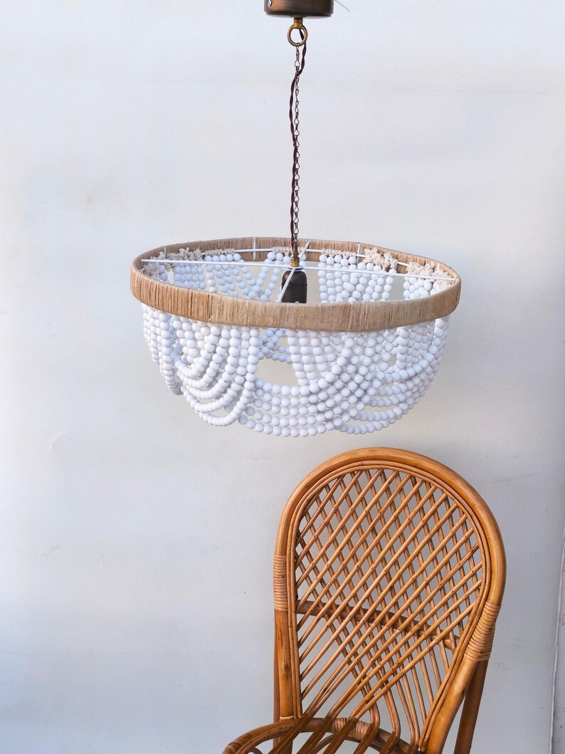 Wooden Bead Light White | Wooden Bead Chandelier | White Beaded ...