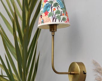 Boho Wall Sconce, Fabric Shade Lamp, Clip On Light, Vintage Gold Bedside Lighting