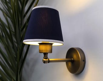 Brass Wall Sconce, Navy Fabric Lamp, Clip On Light, Bedside Lighting, White Trim