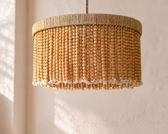 Wooden Bead Chandelier, Boho Pendant Light, Handmade Coastal Ceiling Lamp, Natural Wood Hanging Light